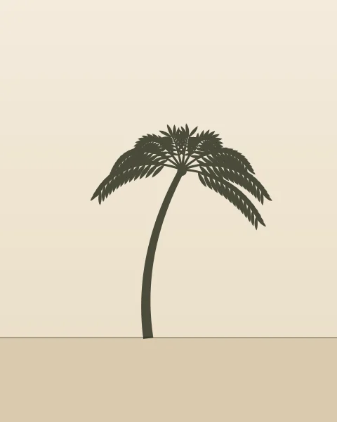 A single palm in deep moss green stands on a hairline horizon against a warm paper sky, its slim trunk leaning gently and its fronds spread in a loose crown.