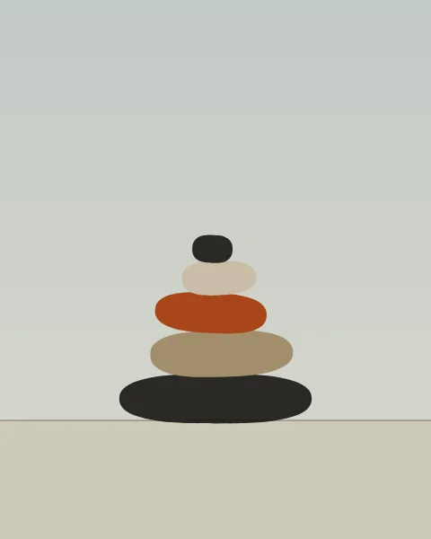 Smooth stones, each smaller than the one below, are balanced in a column on a hairline ground, in charcoal, sand, clay and putty, against a pale grey-green field.