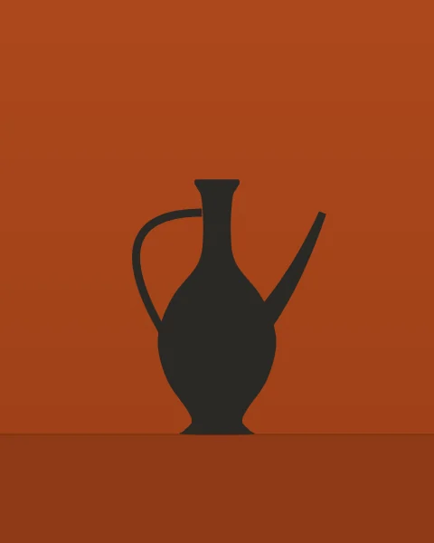 The silhouette of a tall ewer in charcoal, with a long slender spout rising to the right and a looped handle on the left, standing on a clay ground against a clay wall.