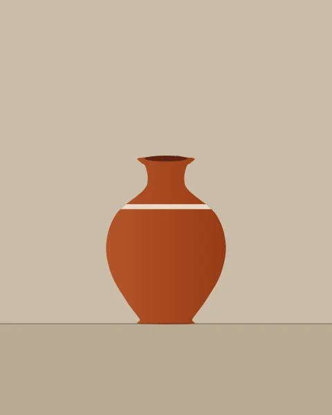 A round-bellied clay jar with a narrow neck and a flared lip stands on a putty ground. A single pale band rings its shoulder.