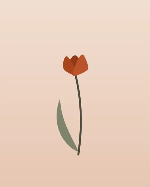 A single clay-red tulip on a long, slowly curving stem, with one tall leaf rising from the base, set on a soft blush ground.