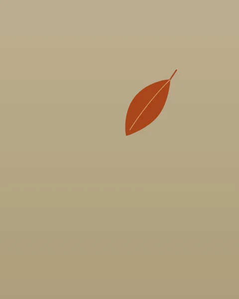 A single clay leaf, turned on its side as it falls, sits high in a wide sand-coloured field. A paler line marks its midrib.