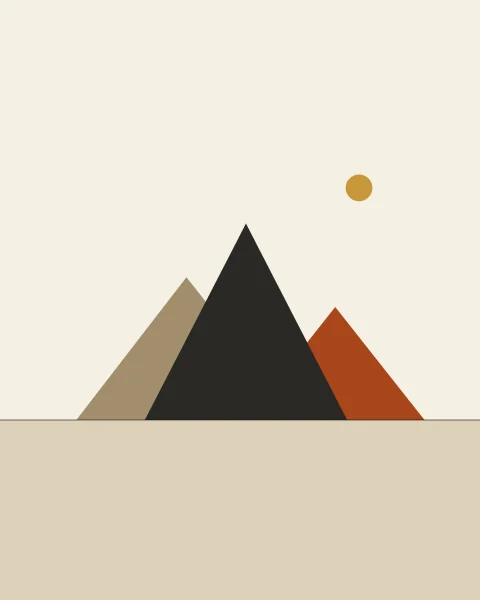 Three overlapping triangles make a range of mountains on a pale ground: a tall charcoal peak in the middle, sand behind it to the left and clay to the right. A small gold sun sits above.