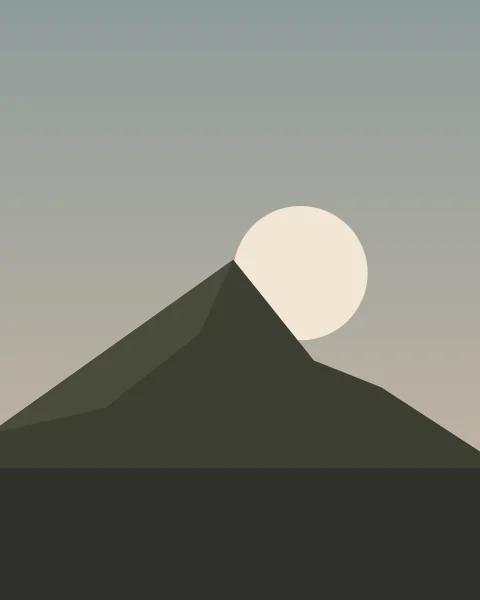 A large pale full moon rises behind the shoulder of a single dark mountain, against a dusk sky that warms from grey-blue at the top to rose near the ridge.