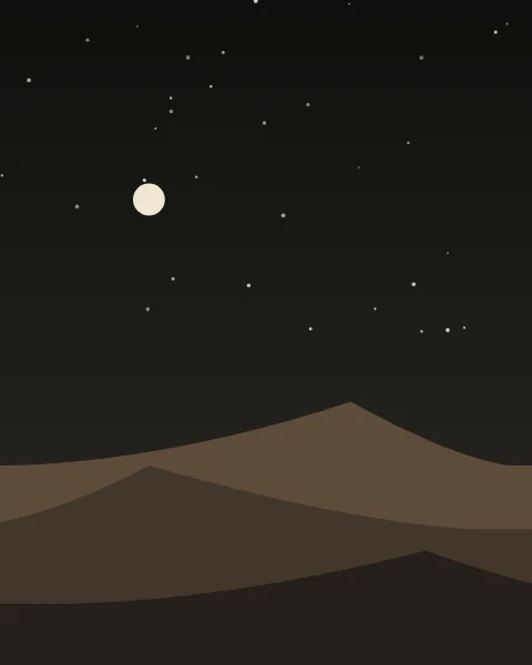 Three dark dune ridges layered one in front of another under a black sky scattered with small stars, with a small pale moon high on the left.