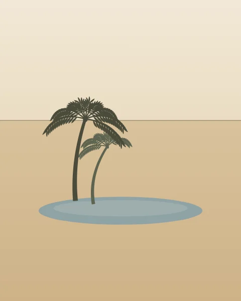 Two palms, one tall and one shorter, lean over a small oval pool of grey-blue water in a wide sand plain beneath a pale sky.