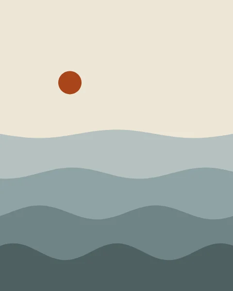 Four bands of sea, from pale grey-green to deep slate, each with a slow wave along its upper edge, beneath a pale sky with a small clay sun.