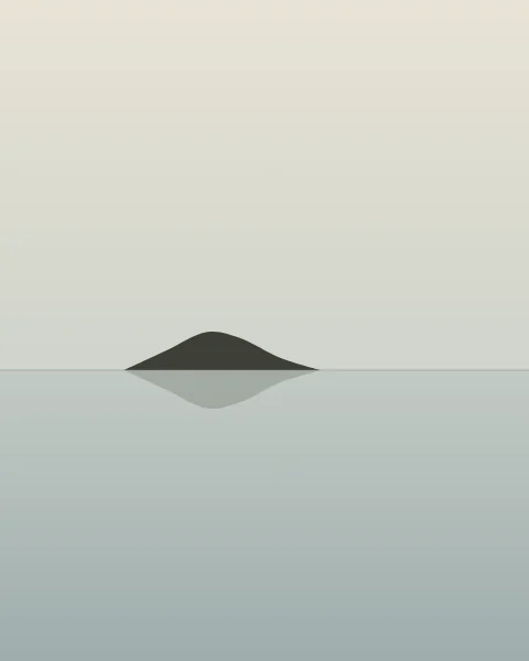 A small dark island sits on a hairline horizon in a pale, misty sea, its faint reflection lying on the still water beneath it.
