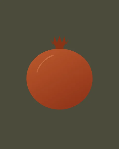 A single round pomegranate in warm clay red, with its small pointed crown, sits in the middle of a deep moss-green ground.