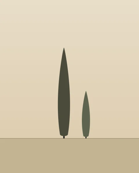 Two slender cypress trees, one tall and one shorter, rise from a sandy ground against a warm pale sky.
