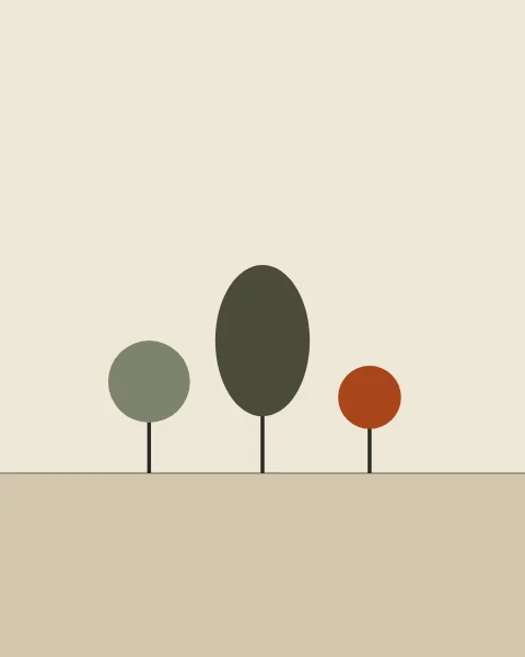 Three simple trees of different heights stand in a row on a hairline ground: a round olive-green one, a tall oval moss one in the middle and a small clay one.