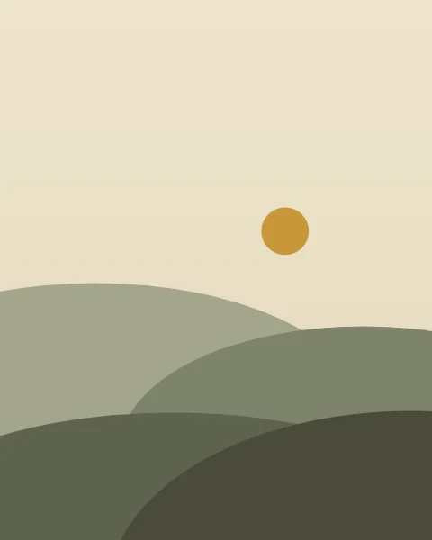 Rounded hills in four greens overlap across the lower half of the sheet, from pale sage at the back to deep moss in front, with a small gold sun above.