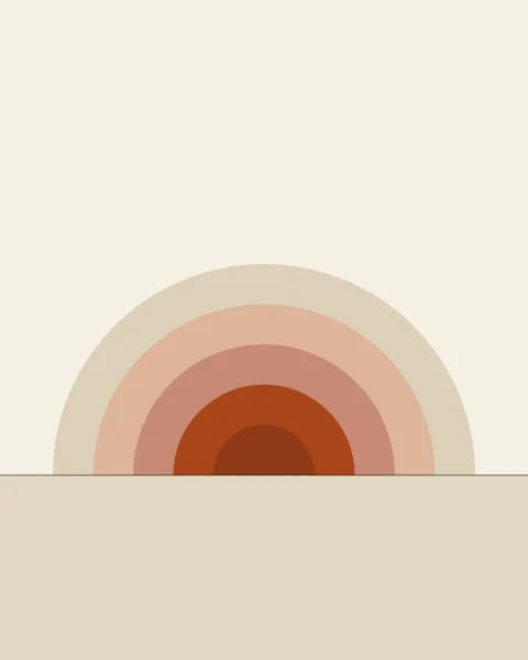Five nested half-circles rise from a horizon line, from deep clay at the centre through rose and blush to pale oat at the outside, on a paper ground.