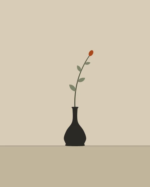 A slender charcoal bottle vase holds a single leaning stem with small olive leaves and one clay bud, on a warm putty ground.