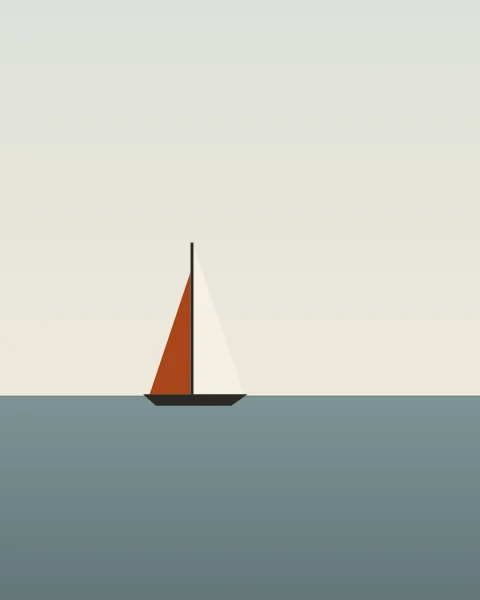 A small boat with a single mast, a white mainsail and a clay foresail, sits on a slate sea just below a hairline horizon, beneath a pale sky.
