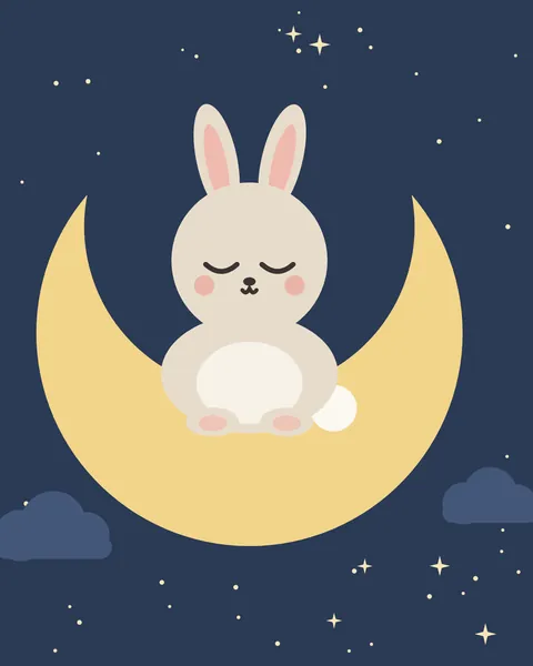 A small cream bunny with pink-lined ears sits fast asleep in the hollow of a large golden crescent, eyes closed and cheeks rosy. Soft blue clouds drift below and tiny stars and twinkles fill the night-blue sky.