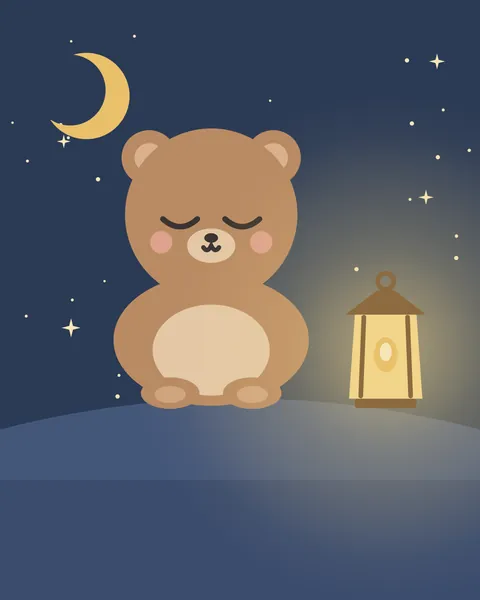A small honey-brown bear with a pale muzzle sits asleep on a soft blue hill at night, eyes closed and cheeks rosy. Beside it a little lantern stands lit, throwing a warm gold glow over the bear, with a slim crescent and stars above.