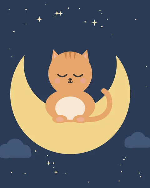 A small ginger kitten with tabby stripes on its head and a curling tail sits asleep in a large golden crescent, under a sky of tiny stars and twinkles.