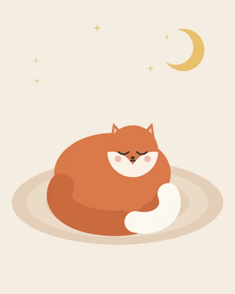 A small russet fox lies curled in a ball on a round woven rug on a cream ground, its bushy tail wrapped round to its chin and its white tip under its nose, eyes closed and cheeks rosy, with a small gold crescent and a few stars above.