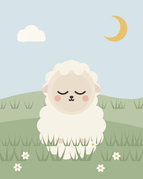 A soft, woolly cream lamb with floppy ears sits asleep in long grass on a sage-green hillside, daisies open all around it, under a pale blue sky with a small gold crescent and one white cloud.