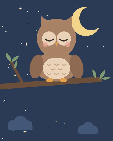 A small brown owl with ear tufts, folded wings and a scalloped cream chest sits asleep on a branch that crosses the picture, a few leaves at its ends, with a large golden crescent, stars and soft clouds in the night-blue sky.