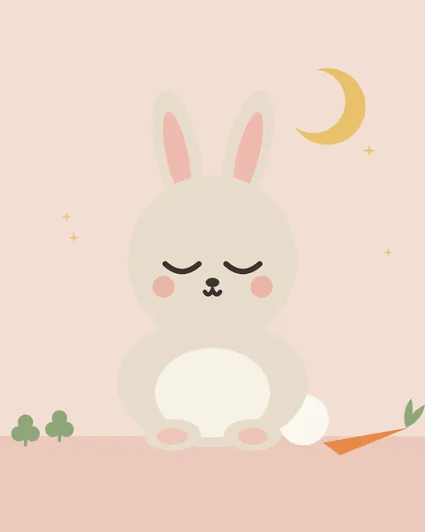 A cream bunny with long pink-lined ears and a white tail sits asleep on a blush ground beside a carrot and two clovers, a small gold crescent and a few twinkling stars above.