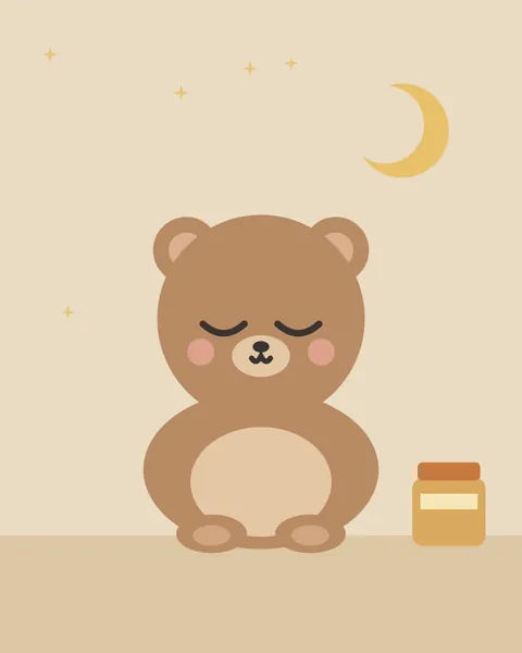 A honey-brown bear with round ears and a pale muzzle sits asleep on a warm sand ground, a little honey pot at its side, under a small gold crescent and a few stars.