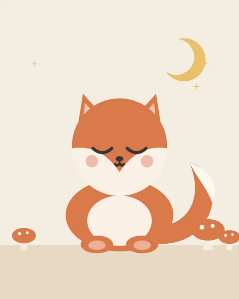 A russet fox with a white face and a big white-tipped tail sits asleep on a cream ground among three spotted toadstools, a small gold crescent and a few stars above.