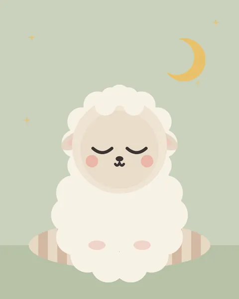 A cream lamb with a curly woolly coat and floppy ears sits asleep on a striped blanket on a soft sage ground, under a small gold crescent and a few stars.