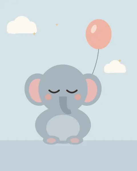 A soft grey elephant with big pink-lined ears sits asleep on a pale sky-blue ground, a pink balloon on a long string floating up beside it, with two white clouds and a few stars above.