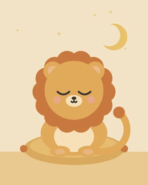 A golden lion cub with a round rust mane and a tufted tail sits asleep on a tasselled ochre cushion on a warm cream ground, a small gold crescent and stars above.