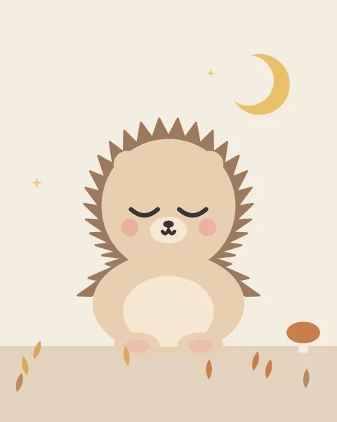 A small hedgehog with a pale face and a full coat of soft brown spines sits asleep among fallen autumn leaves and a toadstool on a cream ground, under a small gold crescent and a few stars.