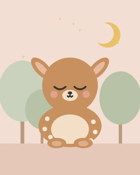 A soft brown fawn with pale spots and tall, upturned ears sits asleep on a blush ground between three round sage trees, a small gold crescent and a few stars above.