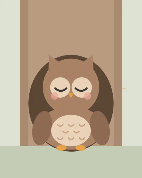 A small brown owl with ear tufts and a scalloped cream chest sits asleep in the round hollow of a tree trunk on a pale sage ground, with a few gold sparkles in the sky beside the trunk; the wider versions add a small gold crescent.