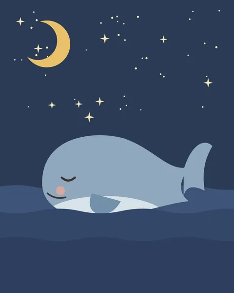 A round, soft blue whale with a pale belly floats asleep on gentle waves of night blue, its tail raised and its eye closed, under a slim crescent and a sky full of stars.