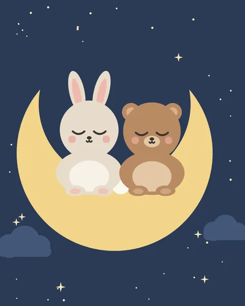 A cream bunny and a honey-brown bear sit side by side, both fast asleep, in the hollow of a large golden crescent, with soft clouds below and stars all around.