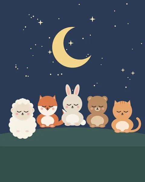 A lamb, a fox, a bunny, a bear and a kitten sit in a row along a soft green hill, every one of them asleep, under a golden crescent and a night-blue sky full of stars. The wider versions add a mouse and a hedgehog.