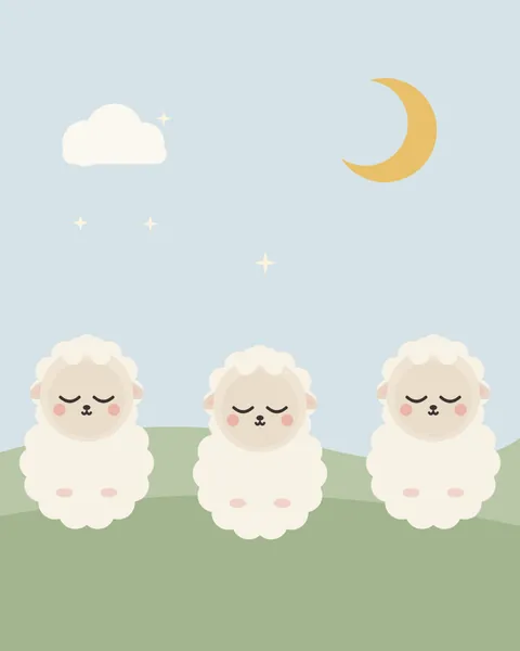 Three cream lambs with curly coats sit in a row on rolling sage-green hills, all asleep, under a pale blue sky with a small gold crescent, a white cloud and a few twinkling stars. The wider versions have four.