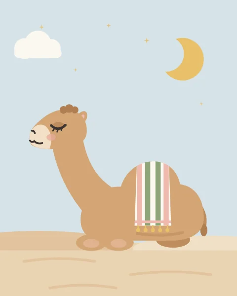 A soft sandy camel kneels asleep on a dune with its legs tucked under, a striped blush and sage blanket with gold tassels over its hump, under a pale blue sky with a small gold crescent and a white cloud; the wider versions add a little palm.