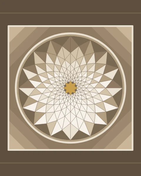 Looking straight up into a muqarnas dome set in a square bay: rings of folded stucco cells step inward to a gold star, with stepped corner squinches; in longer formats the bays repeat like a vaulted corridor.
