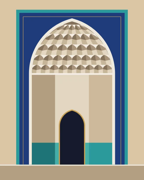 A portal in elevation: a tall pointed arch framed in lapis and turquoise, its half-dome filled with rows of stucco cells, one fewer in each row as they rise, above faceted walls, a turquoise dado and a dark doorway.
