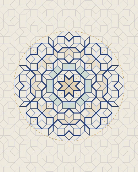 A line drawing of a muqarnas vault in plan: squares and rhombi radiating from an eight-pointed star, with each tier ring drawn heavier and gold construction lines laid over it.