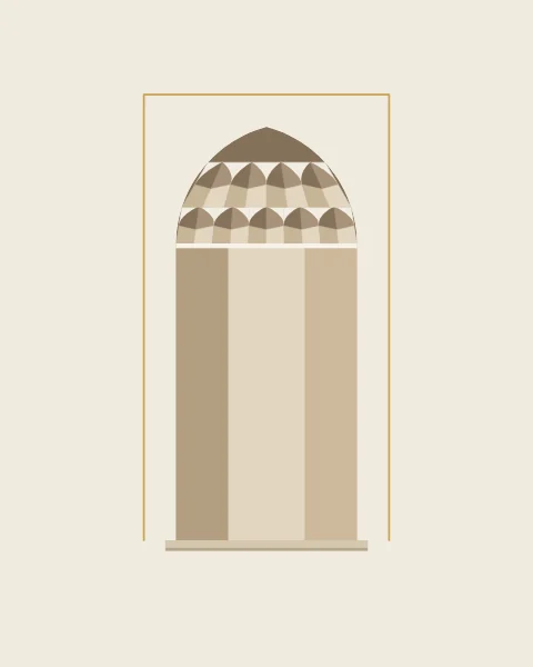 A single tall niche in a plain stucco wall, crowned by a small half-dome of cells and framed with a fine gold line.