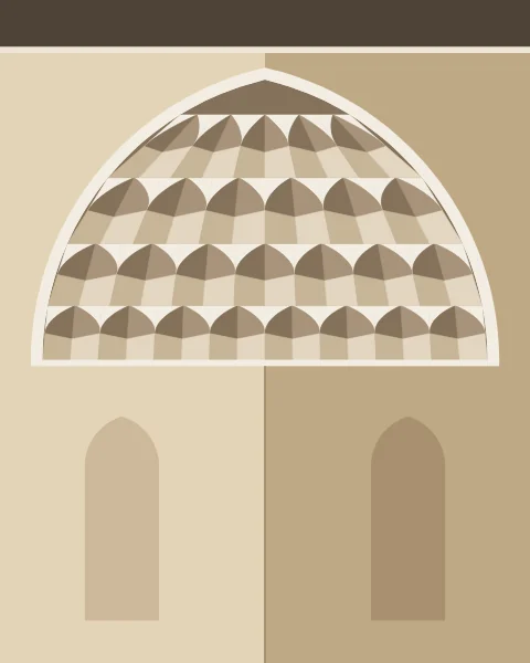 The corner of a room where two walls meet, one in light and one in shade, bridged above by a squinch: a pointed arch filled with rows of stucco cells beneath the dark base of the dome.