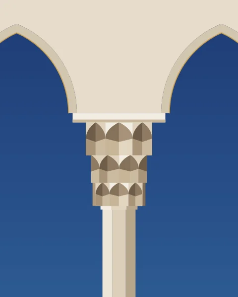 A slender column crowned by a capital of three stepped tiers of muqarnas cells under a square abacus, with pointed arches springing from it against a deep blue sky.