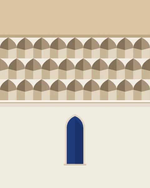 Three rows of muqarnas niches running beneath a sandstone eave, above a plain stucco wall with slender pointed windows.