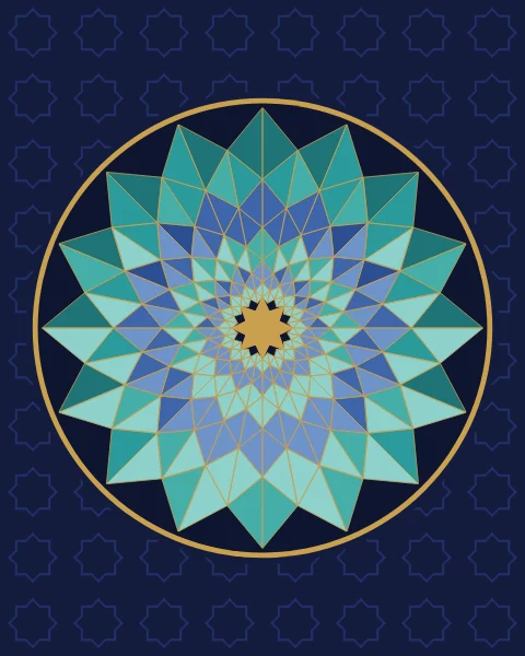 A muqarnas dome seen from below, its folded cells painted in alternating rings of turquoise and lapis with gold joints, closing on a gold star, on a ground of faint eight-pointed stars.