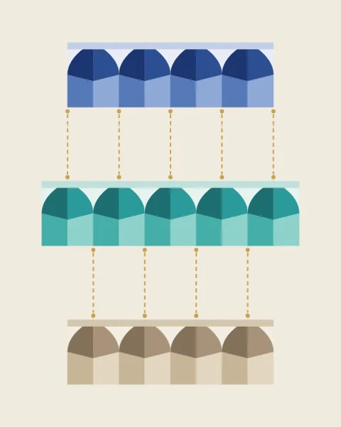Three tiers of muqarnas cells drawn in elevation and lifted apart, in lapis, turquoise and stucco, with gold guide lines showing how each joint in one tier sits over the centre of a cell in the tier below.