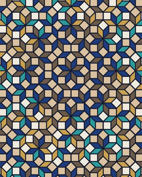 The squares and rhombi of a muqarnas plan laid flat as a field of colour cells in stucco, sandstone, turquoise, lapis, gold and umber, set in a dark joint.