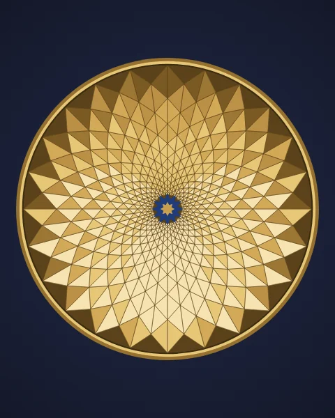 The vault of a muqarnas dome seen from below, every folded cell in gold, closing on a lapis star within a gold rim.
